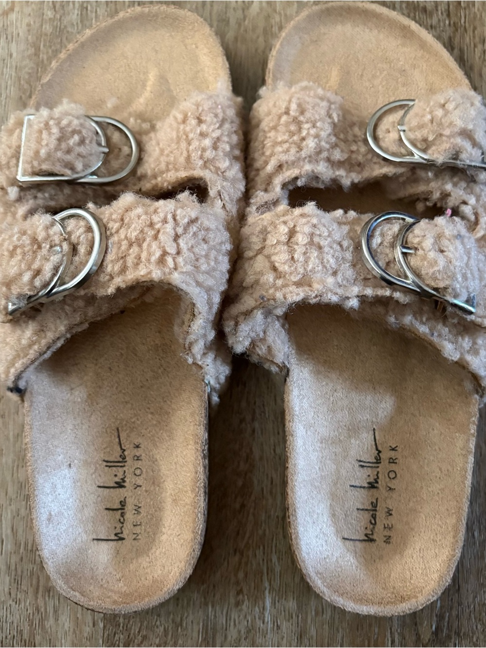 Nicole Miller Tan Faux Shearling Double-Buckle Slide Sandals